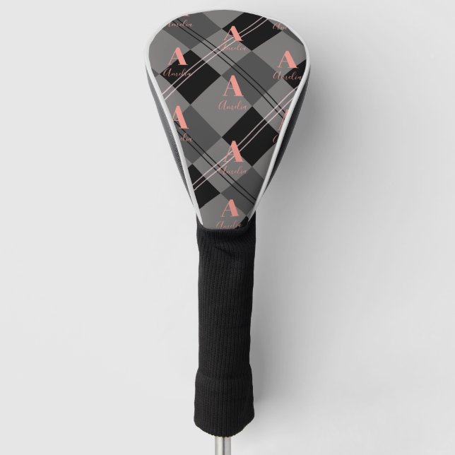 Couvre-club De Golf Moderne Plaid Monogramme gris rose noir (Devant)
