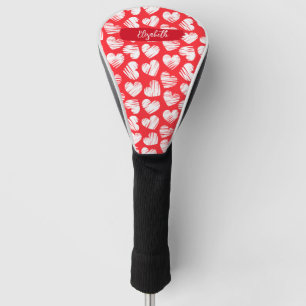 Couvre-club De Golf Moderne Rouge et Blanc Doodled Heart Valentine Nom