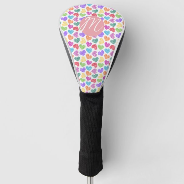 Couvre-club De Golf Moderne Vibrant Rainbow Doodle Hearts Monogramme (Devant)