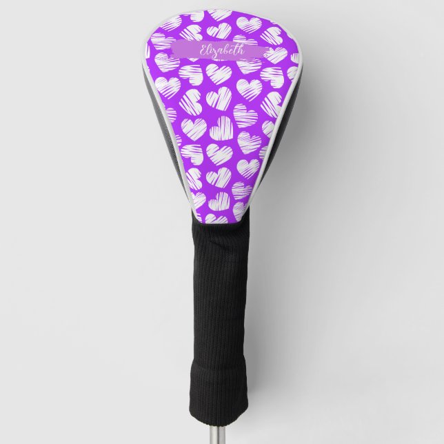 Couvre-club De Golf Moderne violet blanc Doodé Coeur Valentine Nom (Devant)