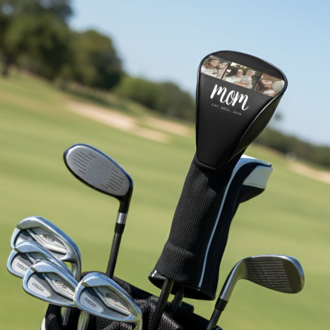 Couvre-club De Golf Mom Established Modern Bold Script Black 3 Photo (modern 3 photo black and white script mom established golf head cover gift for mom)