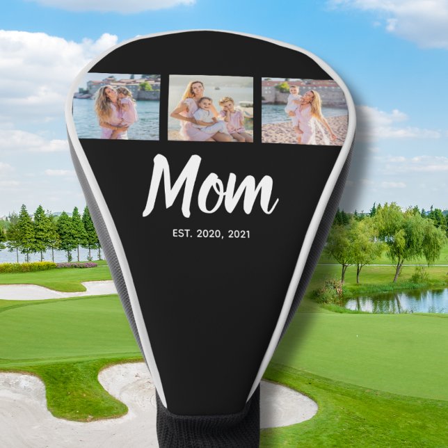 Couvre-club De Golf Mom Established Modern Script Black 3 Photo (Personalize with your favourite photos and the relevant year(s))
