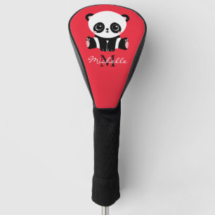 Couvre-club De Golf Monogram Cute Panda Nom personnalisé Rose