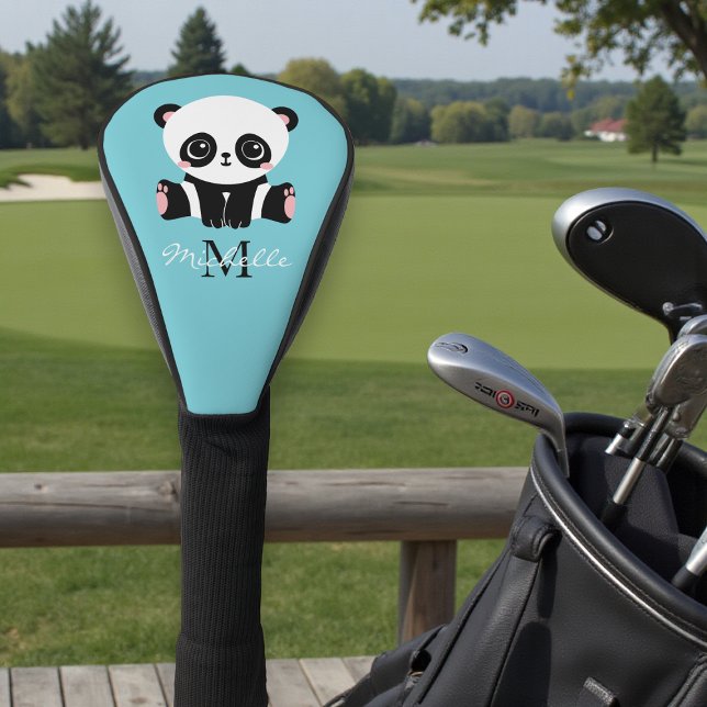 Couvre-club De Golf Monogram Cute Panda Personnalisé Bubble Gum Bleu (Créateur téléchargé)
