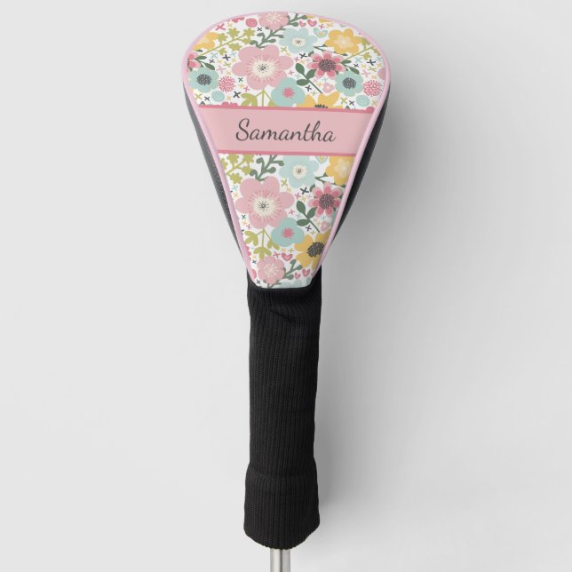 Couvre-club De Golf Monogram Pink Yellow Blue Floral Feminine (Devant)