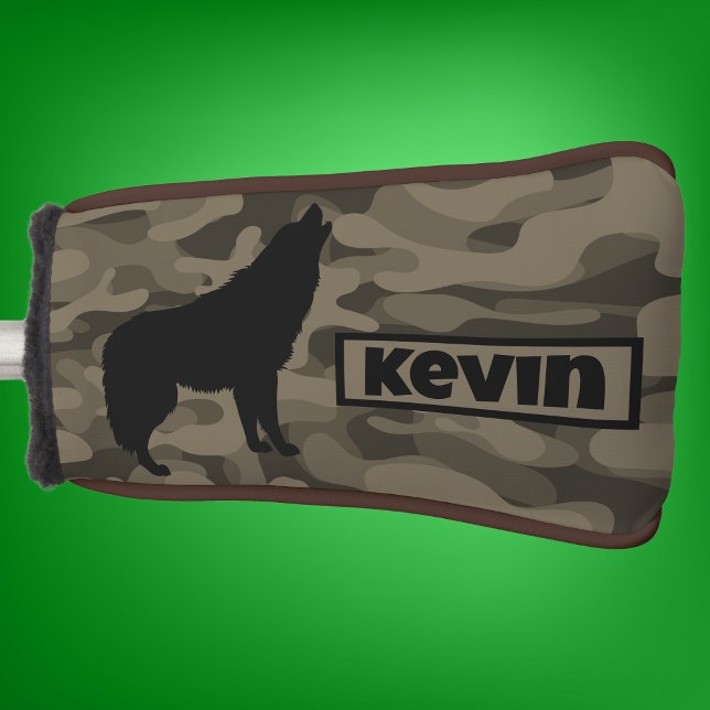 Couvre-club De Golf Monogramme Brown Camo Black Wolf Silhouette | (Créateur téléchargé)