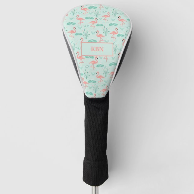 Couvre-club De Golf Monogramme de flamant rose tropical vert (Devant)