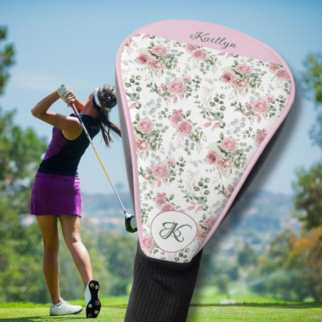 Couvre-club De Golf Monogramme de nom de roses roses (Créateur téléchargé)