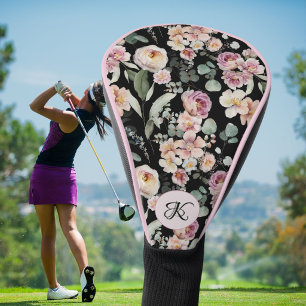 Couvre-club De Golf Monogramme de nom floral rose élégant