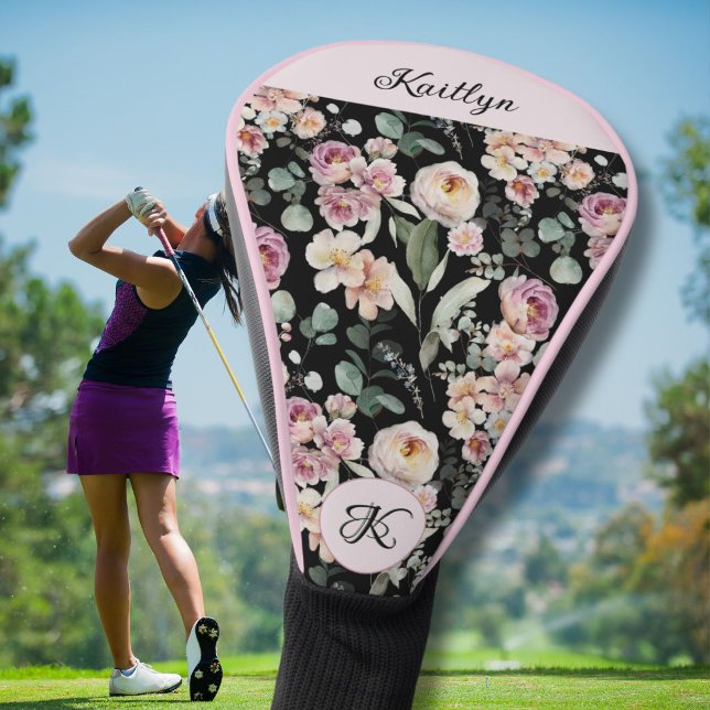 Couvre-club De Golf Monogramme de nom floral rose élégant (Créateur téléchargé)