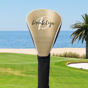 Couvre-club De Golf Monogramme de script noir et blanc en métal brossé