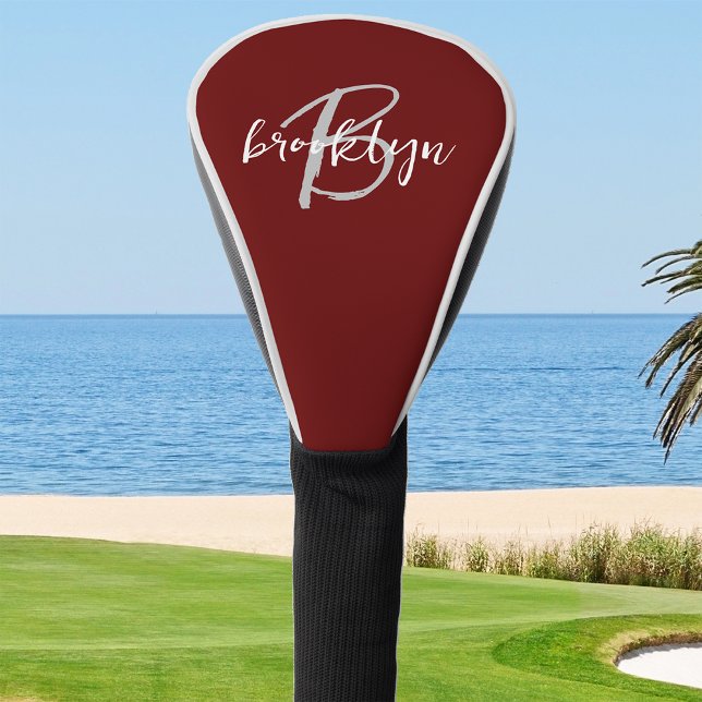 Couvre-club De Golf Monogramme de script tendance Bordeaux gris blanc (Créateur téléchargé)