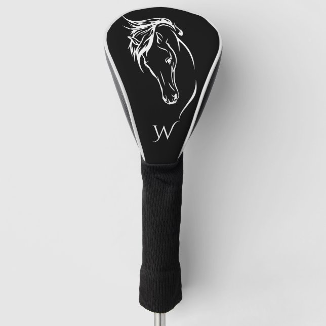 Couvre-club De Golf Monogramme de tête de cheval noir et blanc moderne (Devant)