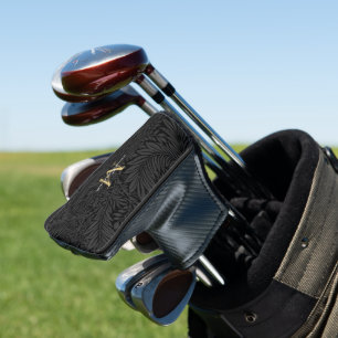 Couvre-club De Golf Monogramme élégant à motif floral noir et or