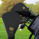 Couvre-club De Golf Monogramme en cuir noir et nom personnalisé<br><div class="desc">Housse de tête de conducteur de golf personnalisée. Vos initiales sont indiquées dans la typographie moderne surdimensionnée et vous pouvez également ajouter votre nom ou le nom de votre club de golf. Le design est imprimé avec un look arrière - plan texturé en cuir en noir.</div>