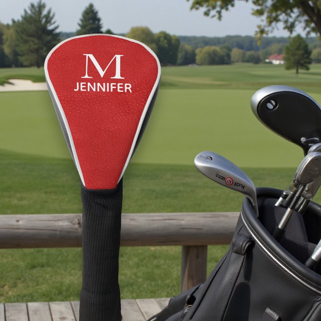 Couvre-club De Golf Monogramme en cuir texturé rouge Nom personnalisé (Créateur téléchargé)