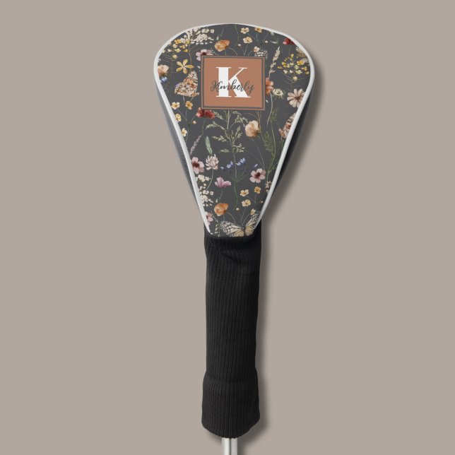 Couvre-club De Golf Monogramme Floral Boho Moderne Nom (Créateur téléchargé)