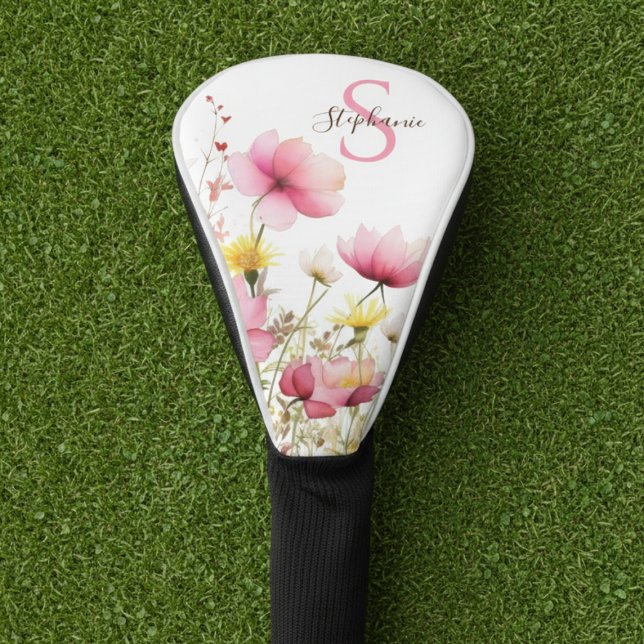 Couvre-club De Golf Monogramme floral botanique rose (Pink wildflower floral monogram golf head cover)