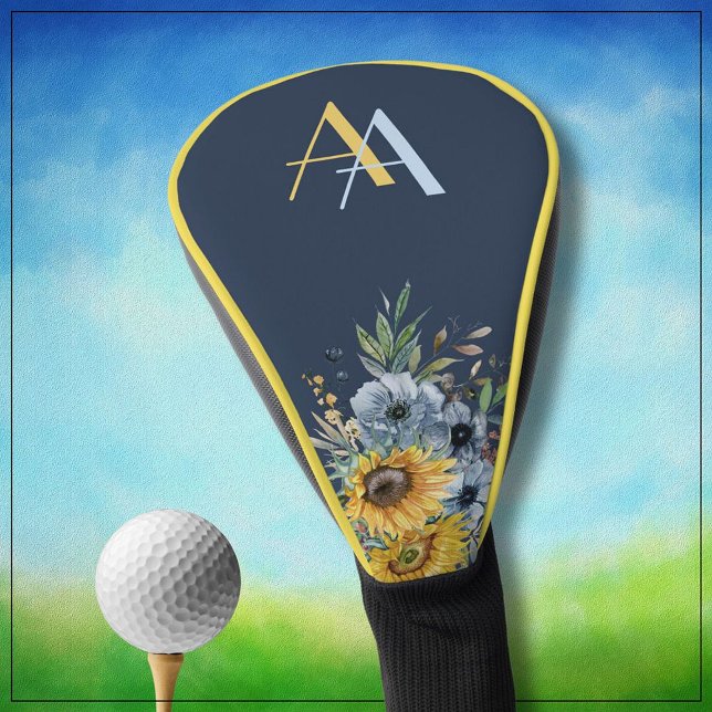 Couvre-club De Golf Monogramme floral de tournesol moderne personnalis (Créateur téléchargé)