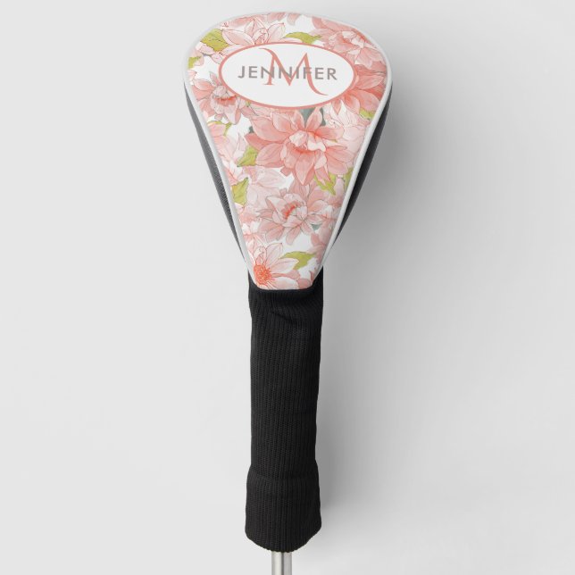 Couvre-club De Golf Monogramme floral rose Nom personnalisé (Devant)