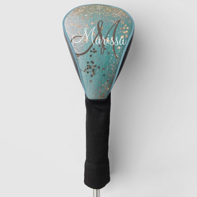Couvre-club De Golf Monogramme Gold Stars sur Turquoise           (Devant)