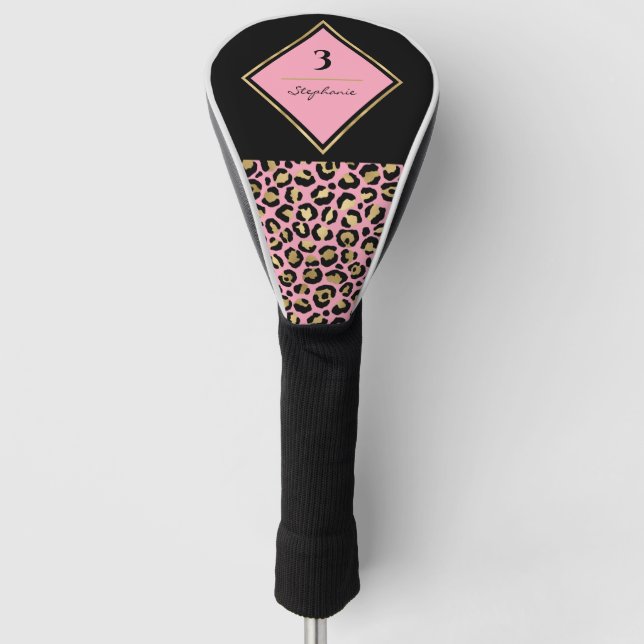 Couvre-club De Golf Monogramme Imprimé Léopard Rose & Or | Bloc de Cou (Devant)