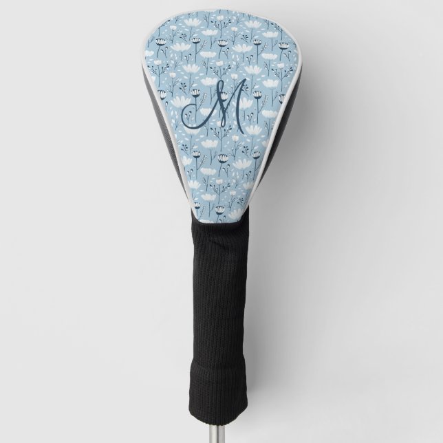 Couvre-club De Golf Monogramme Initial Boho Bleu Blanc Floral Tendance (Devant)