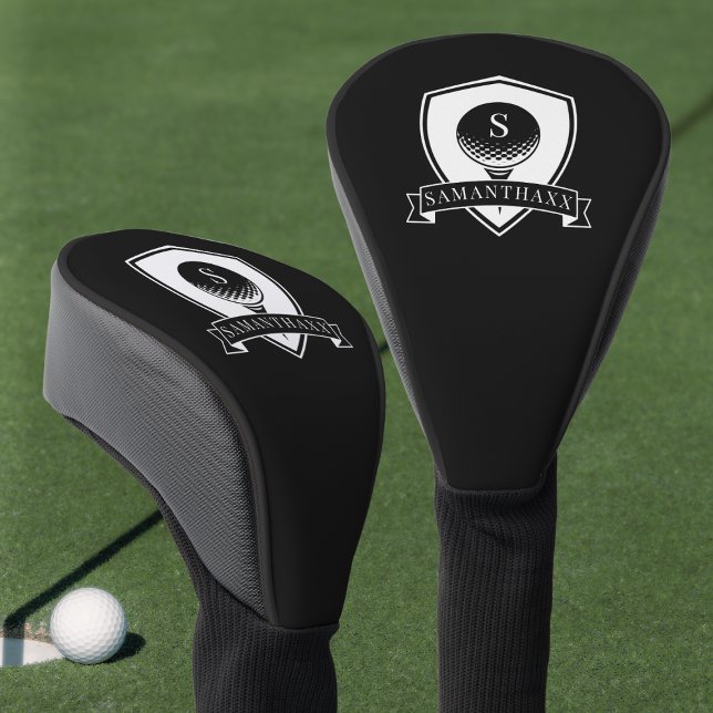 Couvre-club De Golf Monogramme Initial de Nom Élégant Noir et Blanc (Elegant Black and White Name Initial Monogram Golf Head Cover)