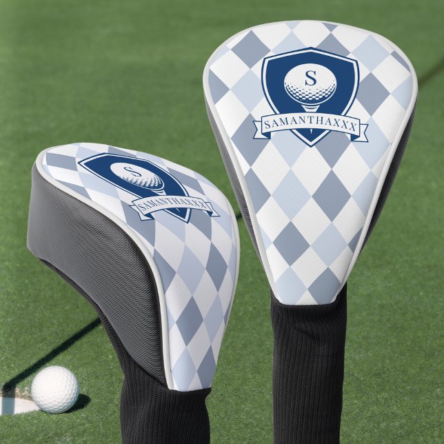 Couvre-club De Golf Monogramme Initial Moderne à Motif Bleu et Blanc (Blue and White Pattern Modern Initial Monogram Golf Head Cover)