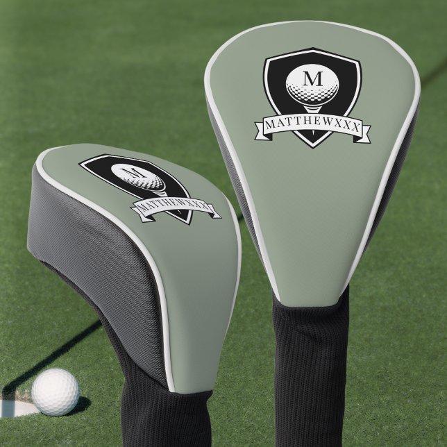 Couvre-club De Golf Monogramme Initial Nom Noir et Vert Sauge Moderne (Modern Sage Green and Black Name Initial Monogram Golf Head Cover)