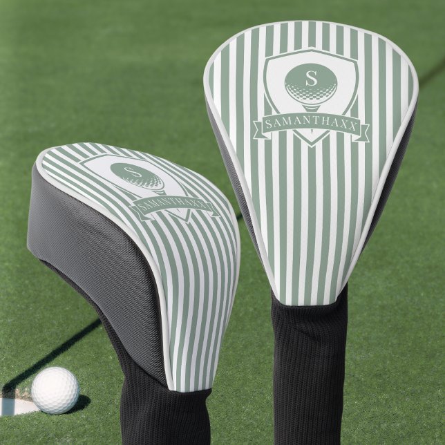 Couvre-club De Golf Monogramme Initial Nom Rayures Vert Sauge Moderne (Modern Sage Green Stripes Name Initial Monogram Golf Head Cover)