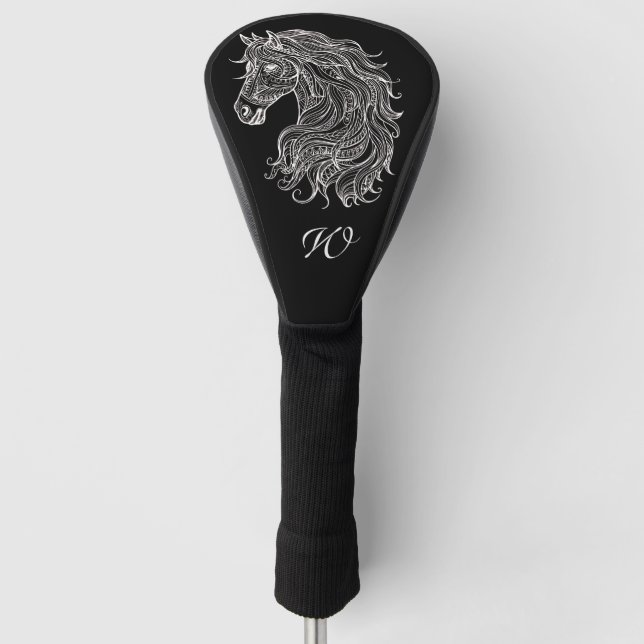 Couvre-club De Golf Monogramme initial tête de cheval mandala noir bla (Devant)
