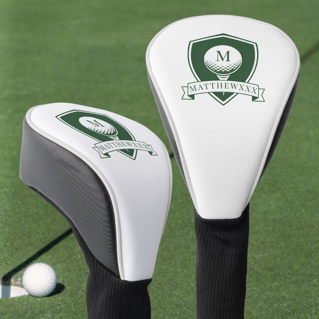 Couvre-club De Golf Monogramme Initiale de Nom en Vert Foncé et Blanc  (Modern Dark Green and White Initial Name Monogram Golf Head Cover)