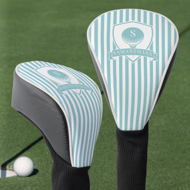 Couvre-club De Golf Monogramme Initiale De Nom Moderne Bleu Vert Rayé (Striped Blue Green Modern Name Initial Monogram Golf Head Cover)
