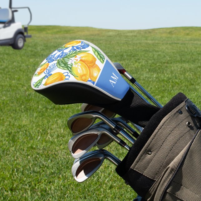 Couvre-club De Golf Monogramme Italien Citron Bleu Carreaux Motif (Golf Gifts Italian Mediterranean Lemons Pattern Monogram Golf Head Cover)