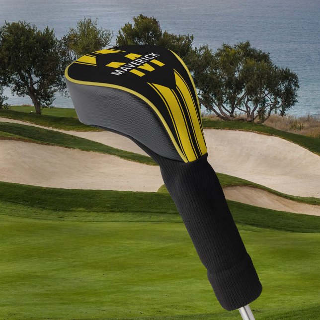 Couvre-club De Golf Monogramme jaune noir et nom (Créateur téléchargé)