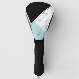Couvre-club De Golf monogramme moderne élégant en marbre noir turquo