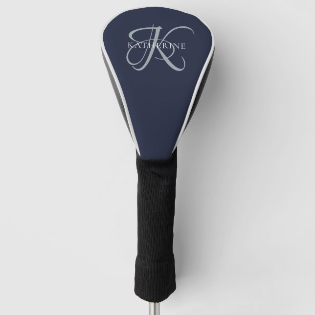 Couvre-club De Golf Monogramme moderne élégant Script Marine Bleu (Devant)