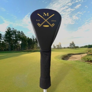 Couvre-club De Golf Monogramme moderne Noir + Gold Foil Golf Head Coqu