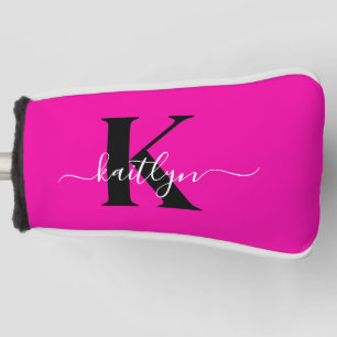 Couvre-club De Golf Monogramme moderne rose noir écriture script