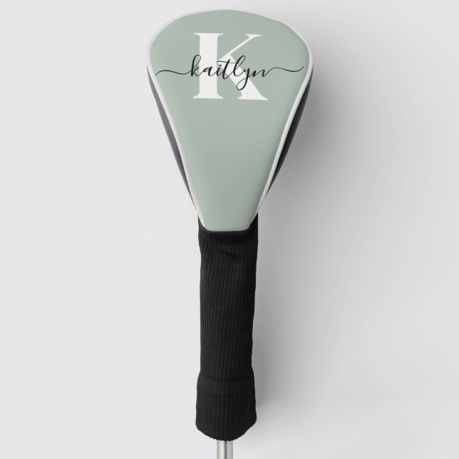 Couvre-club De Golf Monogramme Moderne Vert Sauge Script (Devant)