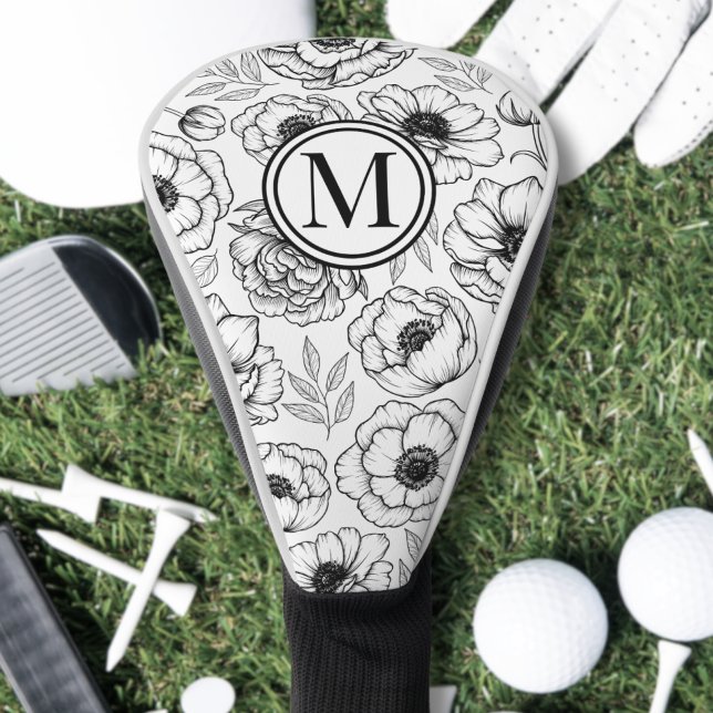 Couvre-club De Golf Monogramme Noir Blanc (Black White Floral Monogram Golf Head Cover)