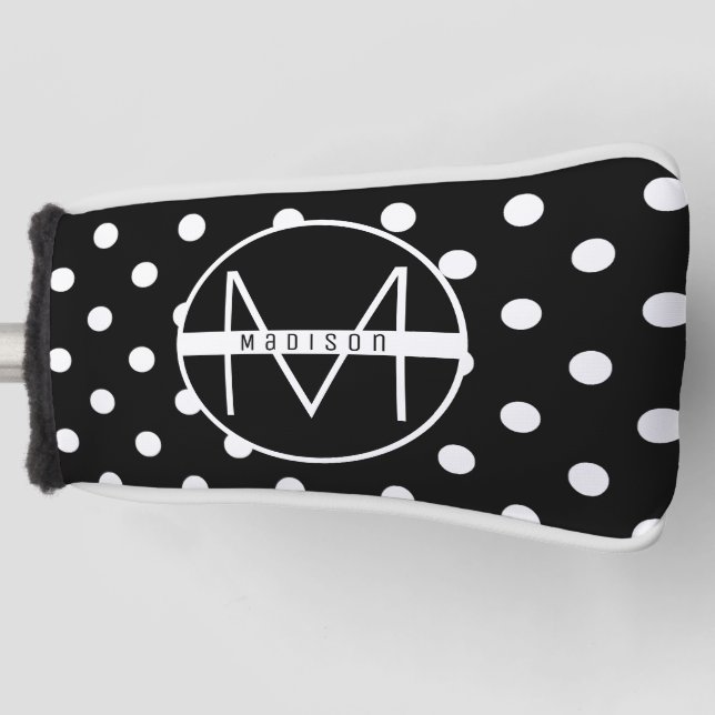 Couvre-club De Golf Monogramme | Noir et blanc Cute Polka Dot Motif (Devant)