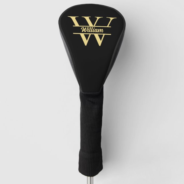 Couvre-club De Golf Monogramme noir et or | Script initial élégant (Devant)
