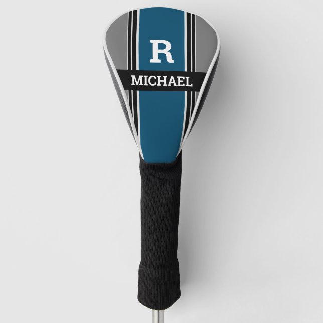 Couvre-club De Golf Monogramme & Nom Gris Bleu Océan noir. Rayures (Devant)