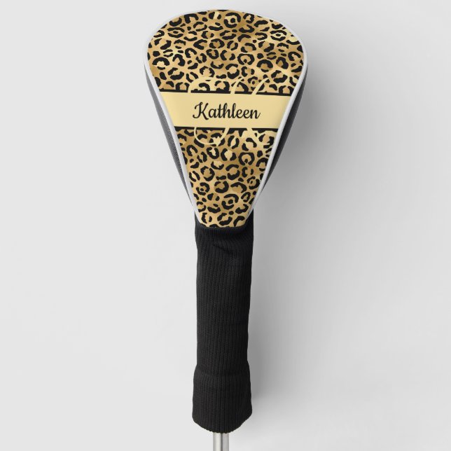 Couvre-club De Golf Monogramme Nom Noir Or Imprimé Léopard Guépard (Devant)