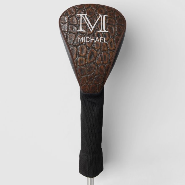 Couvre-club De Golf Monogramme personnalisé et nom Cuir Brown (Devant)