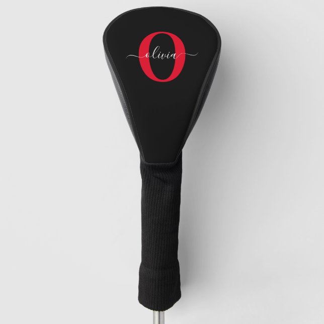 Couvre-club De Golf Monogramme personnalisé Nom du script Noir Blanc R (Devant)