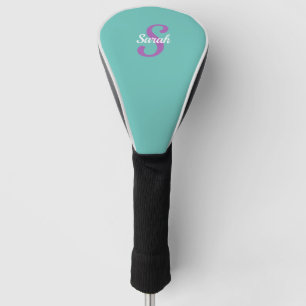 Couvre-club De Golf Monogramme pourpre et nom blanc sur Turquoise clai