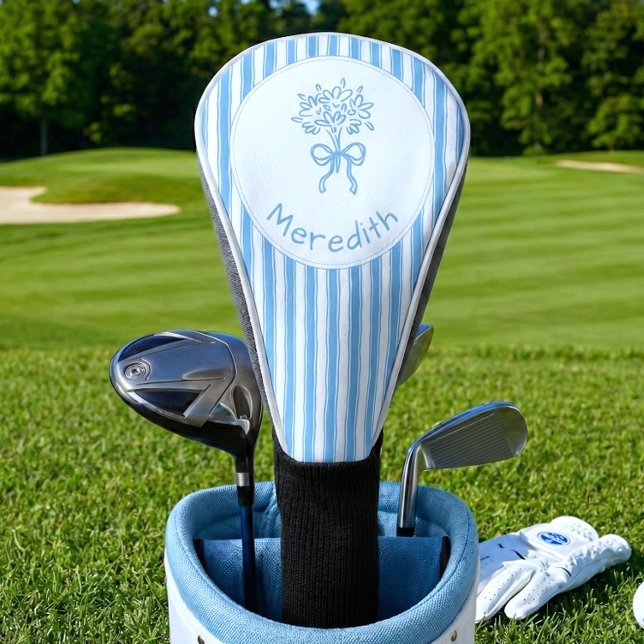 Couvre-club De Golf Monogramme Préppy Rayure Bleue Blanche Fantaisiste (Créateur téléchargé)